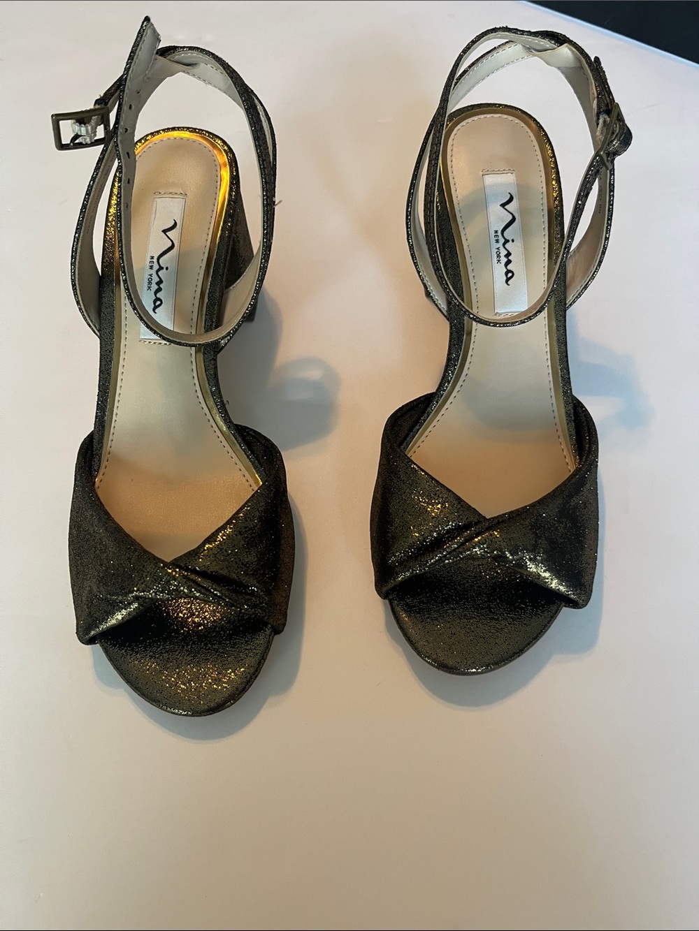 Nina Bronz Reflective Suedett Strappy Open-Toe Heels, size 7